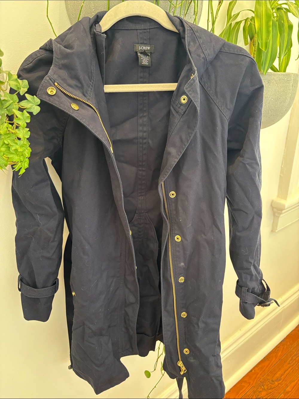 J. Crew Navy Hooded Trench Coat with Gold Hardware